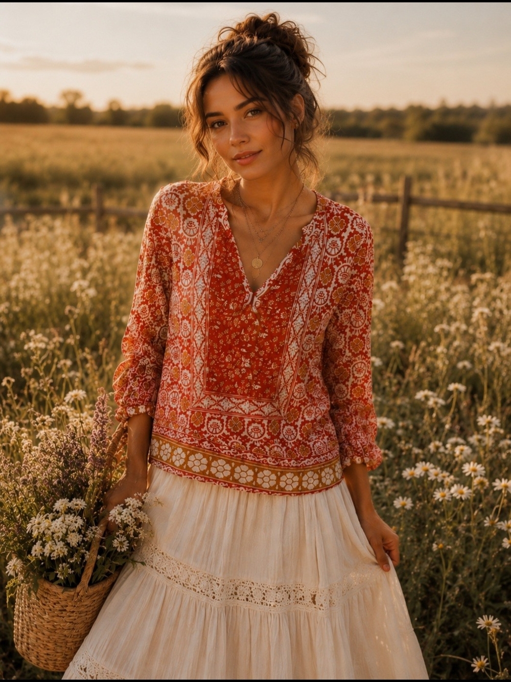 Lucky Brand Bohemian Medallion Print Top | Boho Peasant Western Tunic - Picture 2 of 9